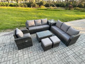 Fimous 9 Seater Rattan Outdoor Garden Furniture Sofa Set Patio Table & Chairs Set with 3 Seater Sofa Reclining Chair 3 Seater Sofa Side Table