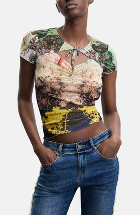Desigual Cutout Mesh T-Shirt in Green at Nordstrom, Size X-Large