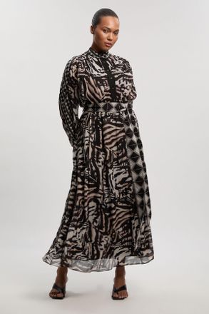 Karen Millen Womens Plus Size Animal Print Viscose Georgette Woven Belted Maxi Dress - Size 18 UK