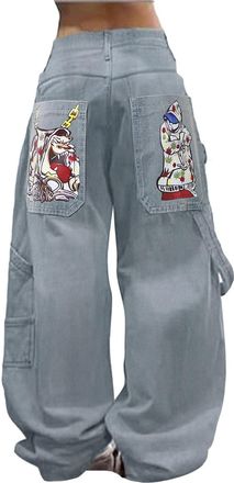 Generic Unisex Y2K Hip-Hop Gothic Jeans Casual Baggy Oversize Streetwear Jeans Dragon Print Letter Printed Denim Jeans Gothic Oversized Pants Streetweear