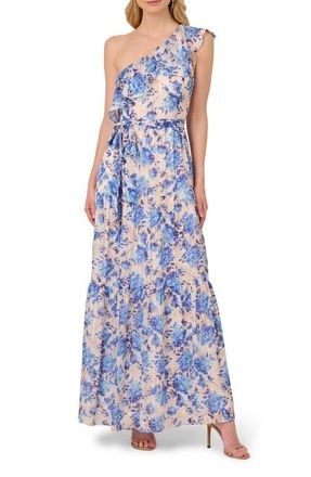 Adrianna Papell Metallic Ruffle One-Shoulder Maxi Cocktail Dress in Champagne/Blue Multi at Nordstrom, Size 16