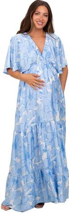Pinkblush Floral Short Sleep Deep V-Neck Tiered Maxi Dress in Light Blue at Nordstrom, Size Small