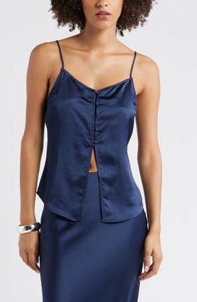 Open Edit Split Front Satin Button-Up Camisole in Navy Iris at Nordstrom Rack, Size Xx-Small