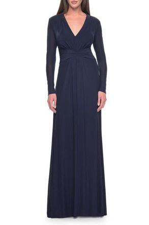 La Femme Long Sleeve Jersey Evening Dress with Ruching Detail in Navy at Nordstrom, Size 16