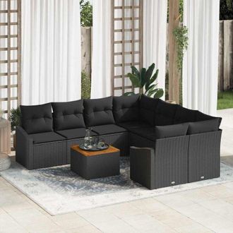 vidaXL Conjunto De Sof&aacute; De Jard&iacute;n Con Coj&iacute;n 9 Pcs Negro Polirat&aacute;n Vidaxl