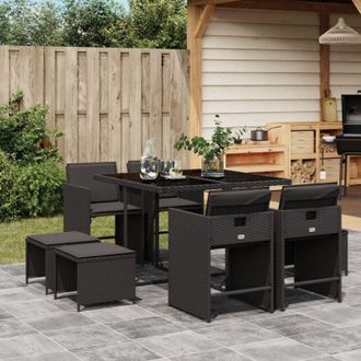 vidaXL Vidaxl - Set De Comedor De Jard&iacute;n 9 Pzas Y Cojines Rat&aacute;n Sint&eacute;tico Negro