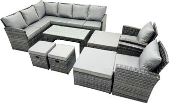 Fimous Fimous 12 Seat Poly Rattan Outdoor Patio Oblong Coffee Table Corner Sofa Set with 4 Stools Chair for Garden Backyard Dark Grey Mixed
