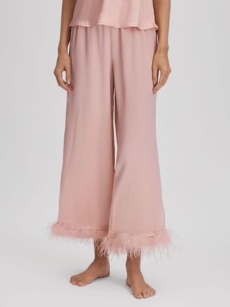 Maison Essentiele Silk Feather Trim Pyjama Bottoms, Blush, XL