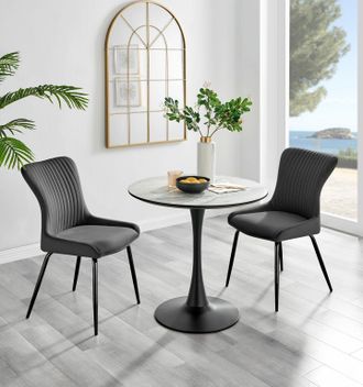 Furniturebox Elina White Marble Effect Scratch Resistant Dining Table & 2 Nora Black Leg Velvet Chairs in Dark Grey
