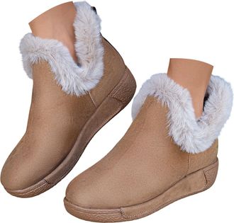 Generic Fleece Lined Ankle Boots Womens Woolen Shoes With Plain Color Flat Bottom Boots Ladies Lace Up Ankle Boots (Khaki, 5.5)