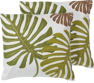 Beliani Beliani - Conjunto De Cojines Decorativos De Algod&oacute;n Con Patr&oacute;n De Hoja Verde 45 X 45 Cm Accesorio De Decoraci&oacute;n Con Motivo Tropical Zenobia