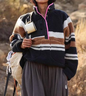 Free People Hit The Slopes Printed Fleece Pullover In Black Nutmeg Fucshia