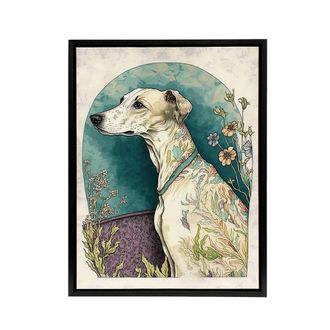 Artery8 Whippet Dog With Flowers Modern Framed Canvas Wall Art Print in Blue | Size: W24 x H32
