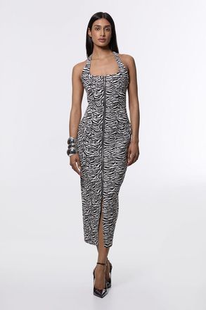 Karen Millen Womens Zebra Jacquard Tailored Zip Through Pencil Midi Dress - White & Black - Size 10 UK