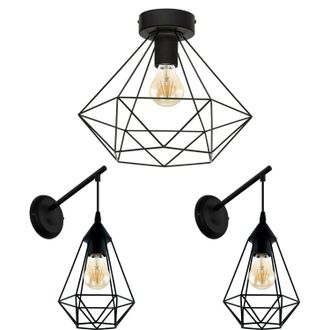 Loops Low Ceiling Light & 2x Matching Wall Lights Black Geometric Wire Cage Shade
