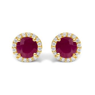 House of Brilliance 10K Gold Gemstone and 1/6 Cttw Diamond Halo Stud Earring in Yellow | Red Ruby at Nordstrom