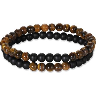 Brook & York Mens Set of Two Tigers Eye & Black Onyx Beaded Stretch Bracelets in Brown/Black at Nordstrom