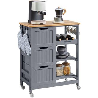 Yaheetech Carrello Cucina con Ruote 3 Cassetti 3 Ripiani in Legno e bamb&ugrave; Salvaspazio Porta Microonde Spezie 67cm x 37cm x 84,5 cm Grigio Scuro - Yaheetech