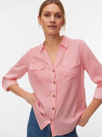 Vero Moda Hemdbluse VERO MODA VMBUMPY L/S SHIRT NEW WVN GA NOOS, Damen, Gr. XL, coral paradise stripes:snow wei&szlig;, Web, Obermaterial: 100% Viskose, gestreift, re