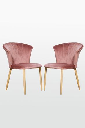 Life Interiors Set of 2 Elsa Velvet Dining Chairs with Wooden Legs, Curved Back & Comfortable Seating in Pink