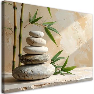 Feeby Cuadro En Lienzo, Piedras Zen Spa Hojas De Bamb&uacute; Beige, 120x80