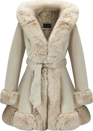 Generic Suede Jacket With Faux Fur Collar for Women,Winter Warm Coat with Belt Outerwear (Beige,XXL)