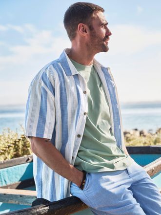 Fat Face FatFace Blue Short Sleeve Relaxed Fit Cove Wide Stripe Shirt