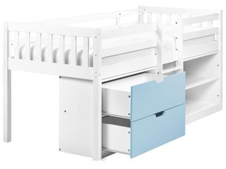 Beliani Letto Per Bambini In Legno Di Gomma 90 X 200 Cm Con Rete A Doghe Con Cassetti E Ripiani Bianco E Blu Susville
