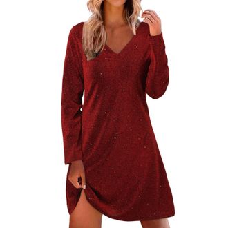 Generic Womens Elegant V-Neck Long Sleeve Sequin Evening Gown - Sparkling Night Out Party Dress for Wedding Guest, Christmas Party, Prom, Formal Occasions and