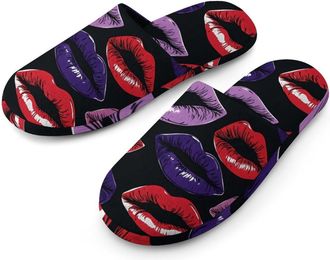 Generic Red And Purple Lips Flannel Mens Slip-on Slippers Winter Warm House Shoes with Rubber Sole for Home Hotel
