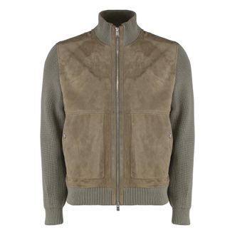 HUGO BOSS Hugo, Light Jackets, male, Brown, Size: XL Leather Jacket with Mixed Cotton Sleeves