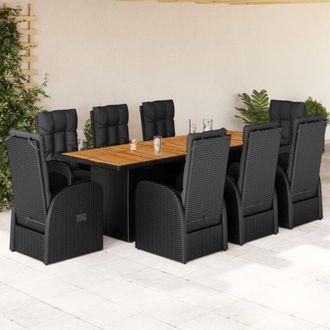 vidaXL Set De Comedor De Jard&iacute;n 9 Pzas Y Cojines Rat&aacute;n Sint&eacute;tico Negro Vidaxl