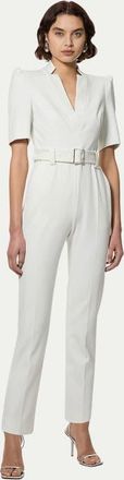 Karen Millen Structured Crepe Forever Belted Jumpsuit in Ivory at Nordstrom, Size 12
