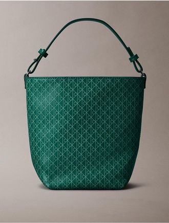 Calvin Klein Womens Allover Emblem Logo Small Bucket Bag with Pouch - Green
