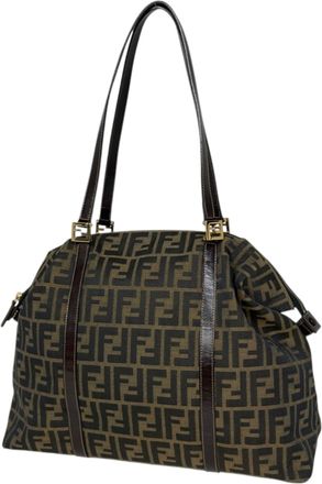 Fendi Brown Nylon Canvas Leather Shoulder Bag Tote Bag (Pre-Owned)
