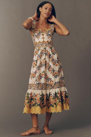 Farm Rio Sands Hilo Scalloped Sleeveless Midi Dress