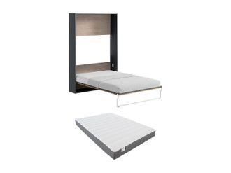 Vente-Unique Cama abatible 140 x 200 cm - Apertura vertical manual - Color: Natural y antracita + Colch&oacute;n - MALINA II
