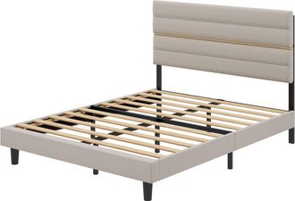 Vasagle Marco de cama doble con cabecero acolchado de metal y madera beige