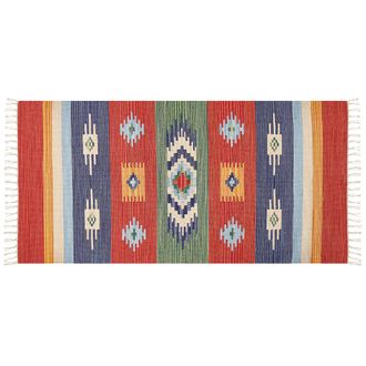 Beliani Alfombra Kilim De Algod&oacute;n Rojo Azul Verde Amarillo 80 X 150 Cm A Mano Geom&eacute;trico Borlas Kamaris