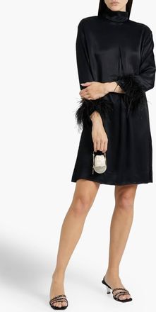 Sleeper Party Feather Trimmed Satin Dress In Black