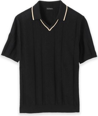 Paul Fredrick Cotton Crochet V-neck Polo in Black at Nordstrom, Size Xx-Large