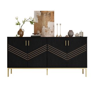 STILVORA Aparador Con 4 Puertas Y 2 Estantes Regulables, Dise&ntilde;o Geom&eacute;trico, En Mdf, Negro Y Efecto Madera, 160&times;40&times;80,5 Cm