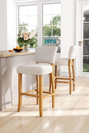 Living and Home Set of 2 Linen Upholstered Bar Stools Dining Chair with Back Footrest in Beige