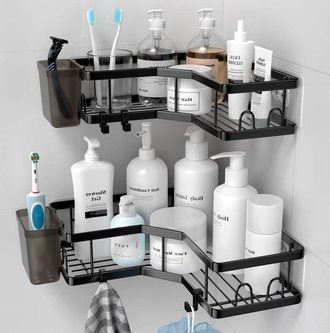 OEM Estante Esquinero Autoadhesivo Para Ducha, Organizador De Ba&ntilde;o - Acero Inoxidable - 2 Piezas - Negro - 4 Ganchos - Soportes Para Pasta De Dientes