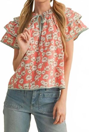 Merci Layered Flutter Sleeve Top In Coral /green