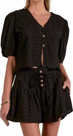 Elan Eyelet Short Sleeve Button Front Top In Black