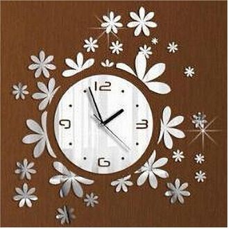 Trade Shop Trade Shop - Orologio Da Parete Moderno Adesivo 3d Con Fiori Erba A Muro Effetto Specchio