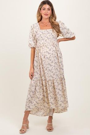 Pinkblush Floral Smocked Hi-Low Puff Sleeve Maxi Dress in Ivory at Nordstrom, Size Small