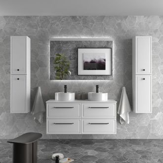 Cygnus Bath Mueble De Ba&ntilde;o Runa 140cm Blanco Mate 4 Cajones Lavabo Sobre Encimera 2 Pozas Porcelana
