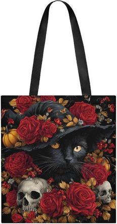Generic Black Cat Pumpkin Floral Skull Tote Bag for Women Men Shoulder Bags Purses Pouch Handbags